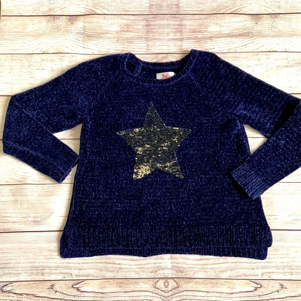 Justice Flip Sequin Chenille Sweater Girls 10/12 Plus Navy Blue